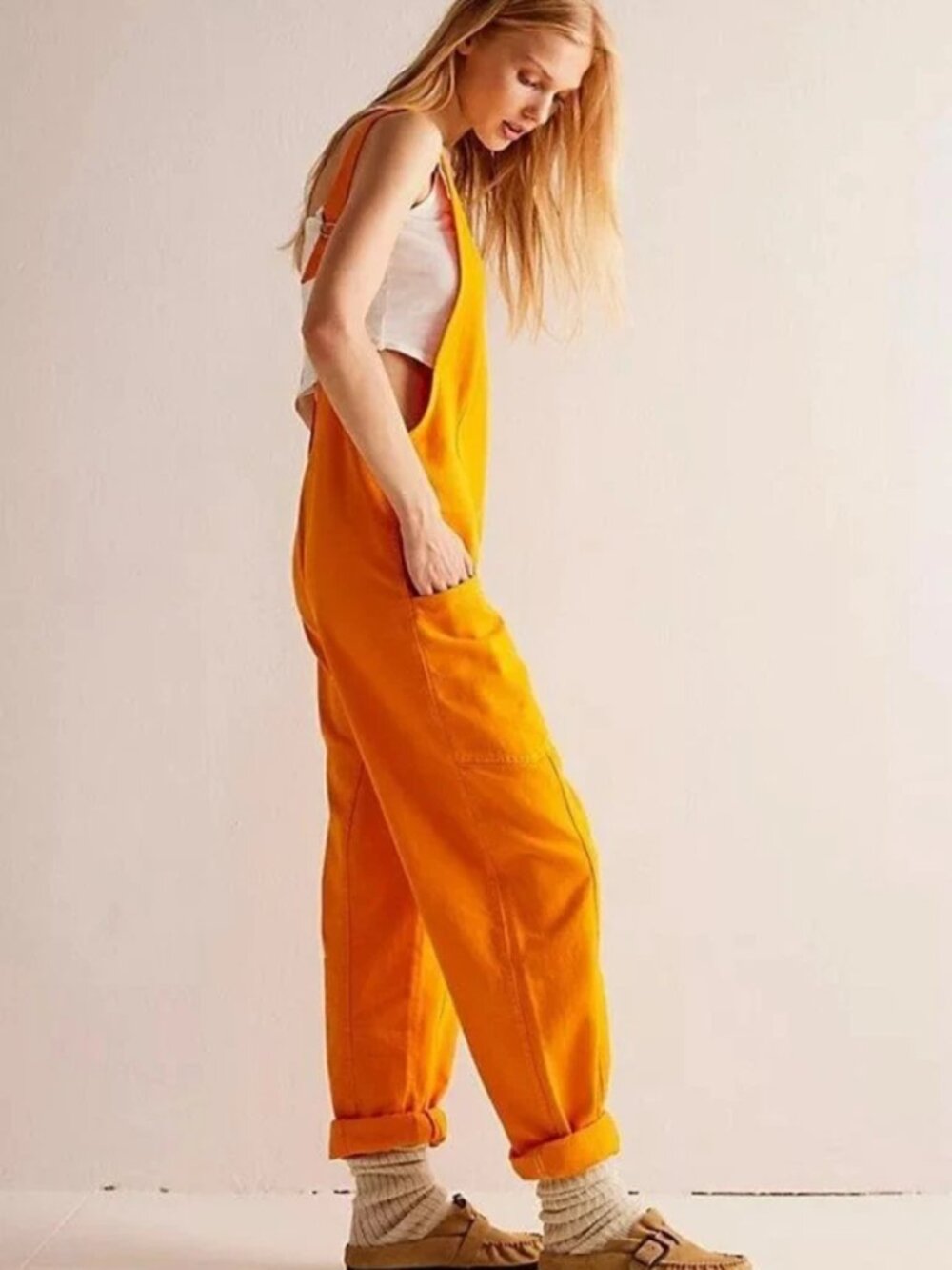 Free People We The Free High Roller Vitamin C Orange Jumpsuit Overalls L